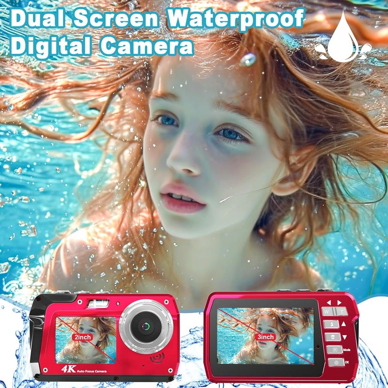 Focusify Underwater Camera 4K 48MP Waterproof Digital Camera with 32GB Card, Dual-Screen Selfie (Front & Rear), 10FT/3M Dive for Snorkeling, Surfing, Rafting, Swimming, Travel - Image 3